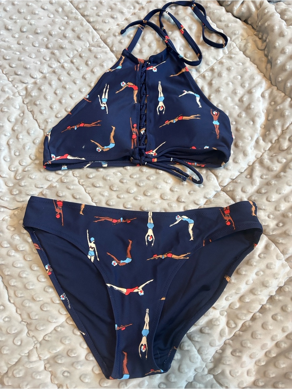 3-$20, 2-$15 or 1 -$10 Aerie Navy High-Neck Two-Piece Swimsuit with Diver Print
